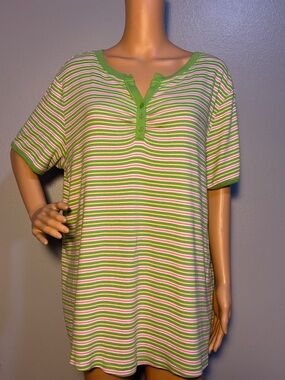 Mountain Lake Green and White Striped Short Sleeve 100% Cotton Henley Tank Top